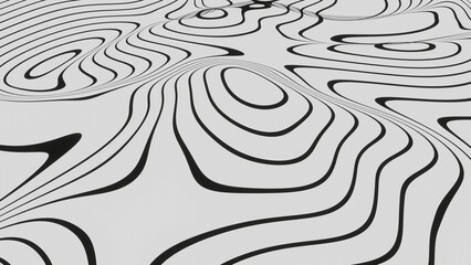 Fototapeta na wymiar 3d black and white abstract wallpaper. Outline Topographic geography map. Moving waves on white background. Liquid terrain 