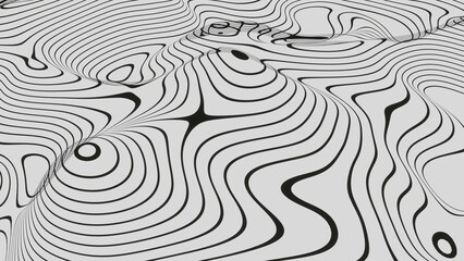 d black and white abstract wallpaper. Outline Topographic geography map. Moving waves on white background. Liquid alien terrain texture pattern.