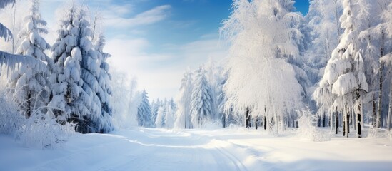 Snowy path through winter woods