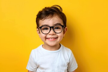 Happy little boy with a genuine smile isolated on yellow background - obrazy, fototapety, plakaty
