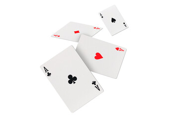 Four aces of diamonds clubs spades and hearts falling playing cards on transparent background