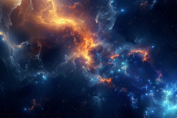 Fototapeta premium An awe-inspiring nebula painting the cosmos in a blaze of blue and orange hues, speckled with stars, capturing the dynamic and fiery essence of a distant galaxy