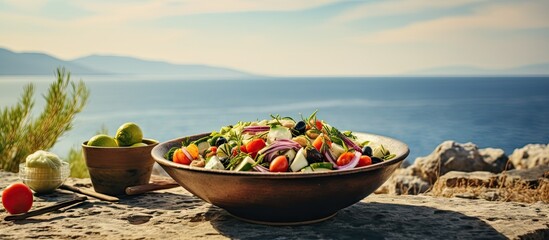 Greek salad on rock overlooking ocean - obrazy, fototapety, plakaty