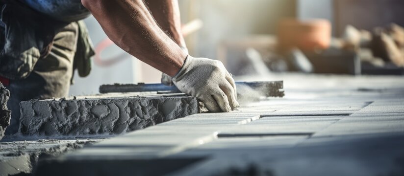 Person working on brick wall, Builder grooves aerated concrete