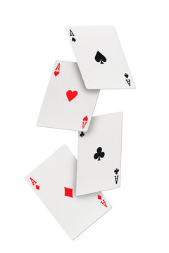 Four aces of diamonds clubs spades and hearts falling playing cards on transparent background