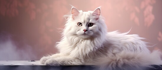 An elegant cat rests on a table against a soft pink backdrop