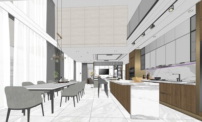 Interior living modern style, White and wooden modern kitchen with wooden island , with wooden details and panoramic window - 3D rendering, 3D illustration