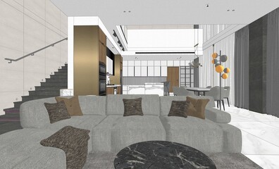 Interior living modern style, White and wooden modern kitchen with wooden island , with wooden details and panoramic window - 3D rendering, 3D illustration