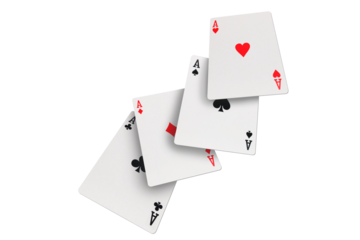Four aces of diamonds clubs spades and hearts falling playing cards on transparent background