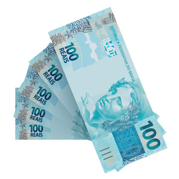Money bills. Brazilian one hundred reais notes. Finance concept. Transparent background.
