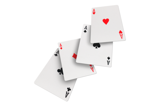 Four aces of diamonds clubs spades and hearts falling playing cards on transparent background
