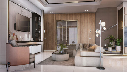 Interior living modern style, White and wooden modern kitchen with wooden island , with wooden details and panoramic window - 3D rendering, 3D illustration