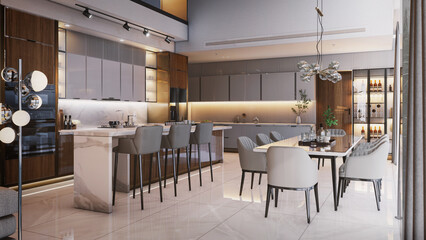 Interior living modern style, White and wooden modern kitchen with wooden island , with wooden details and panoramic window - 3D rendering, 3D illustration