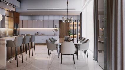 Interior living modern style, White and wooden modern kitchen with wooden island , with wooden details and panoramic window - 3D rendering, 3D illustration