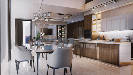 Interior living modern style, White and wooden modern kitchen with wooden island , with wooden details and panoramic window - 3D rendering, 3D illustration