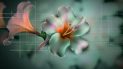 Iridescent amaryllis flower with geometric grid overlay - obrazy, fototapety, plakaty
