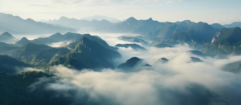 Valley with misty mountains and rocky peaks in fog