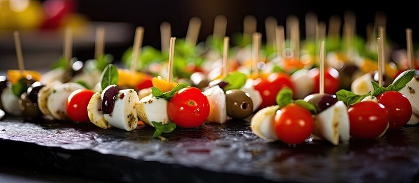 A tray of food featuring tomatoes and mozzarella