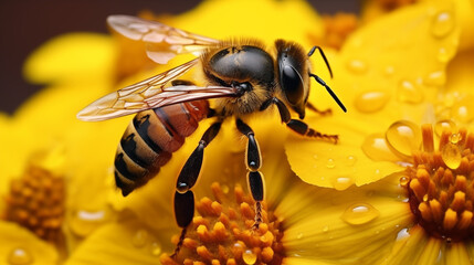 A detailed close-up of a bee (Apis mellifera) pollinating vibrant Helenium flowers, with dewdrops on petals