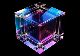 A glass cube stands against a black background, reflecting light and showcasing its transparent structure