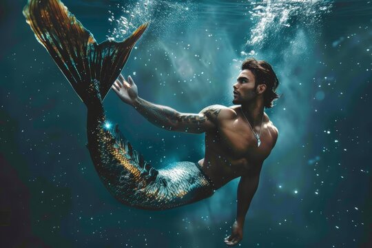 A man swims in the water while wearing a mermaid tail, blending human and mythical features. Male mermaid concept
