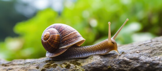 A snail on a rock with a green background