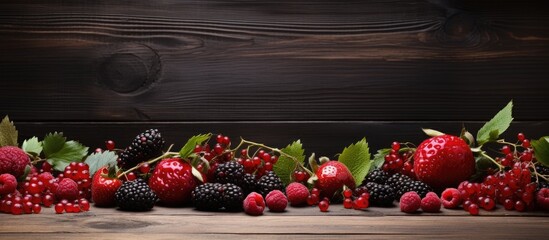 A pile of assorted berries on a rustic wooden surface - obrazy, fototapety, plakaty