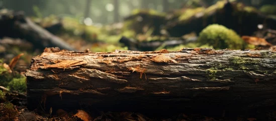 Zelfklevend Fotobehang Close-up of forest log covered in green moss © Ilgun