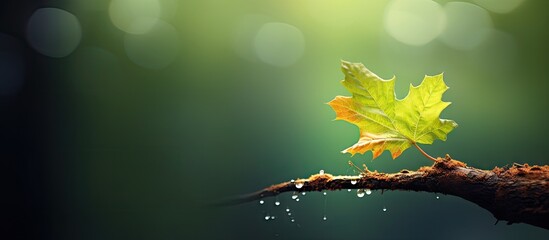 A leaf with water droplets on a branch - obrazy, fototapety, plakaty