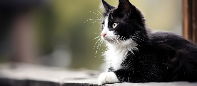 A black and white cat perched on a ledge - Powered by Adobe