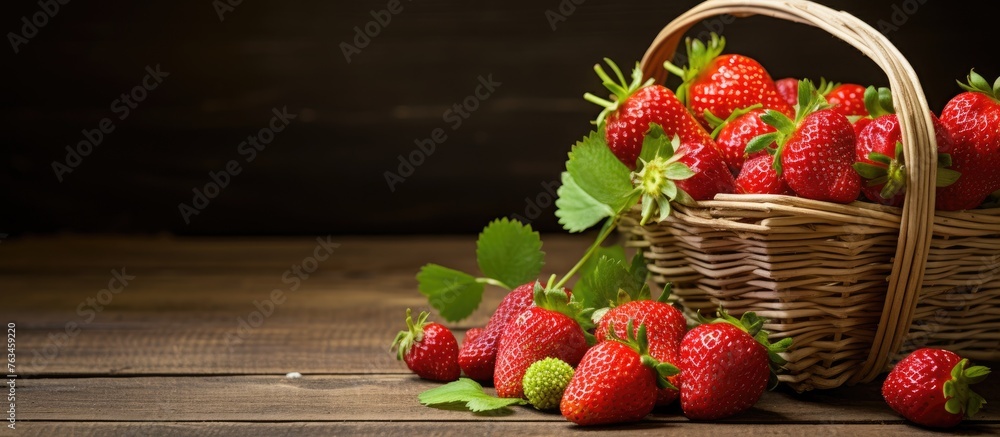 Poster A basket full of ripe strawberries on a wooden table