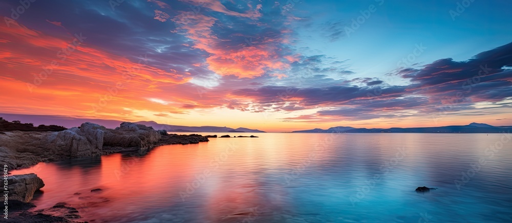 Wall mural A serene sunset scene with rocks and water