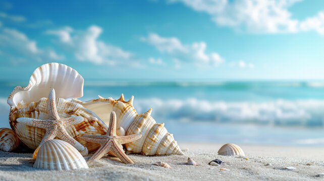 Caribbean beach with shells and blue sky