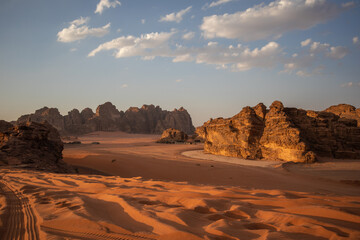 Breathtaking Scenery of Wadi Rum during Golden Hour. Desert Landscape with Sand and Rock Formation...