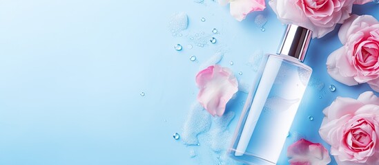 A bottle of water with roses on blue background - obrazy, fototapety, plakaty