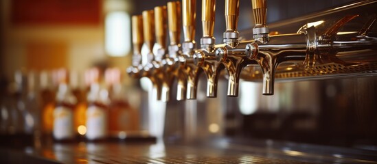 A row of beer taps at a bar - obrazy, fototapety, plakaty