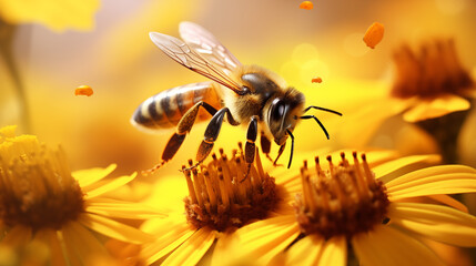 A photorealistic image of a bee (Apis mellifera) on Helenium flowers, with a blurred background for emphas