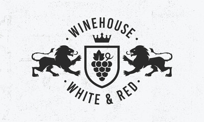 Wine crest logo. Wine shop vintage logo. Wine logo with heraldic Lions and grain texture. Logo, Poster for vineyards, wineries, wine shops, package design. Vector illustration