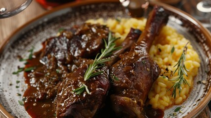 Milanese style boiled legs served with red wine gravy and risotto. 