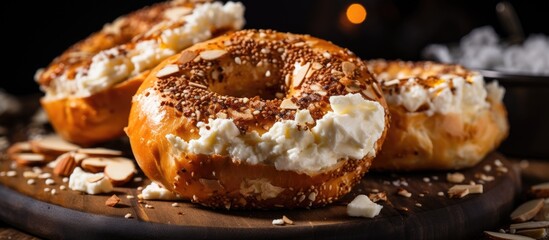 Two bagels with cream cheese and nuts on a wooden board