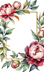 Watercolor illustration of floral frame with peonies flowers for greeting card design, wedding invitation, happy birthday, smartphone backgrounds,