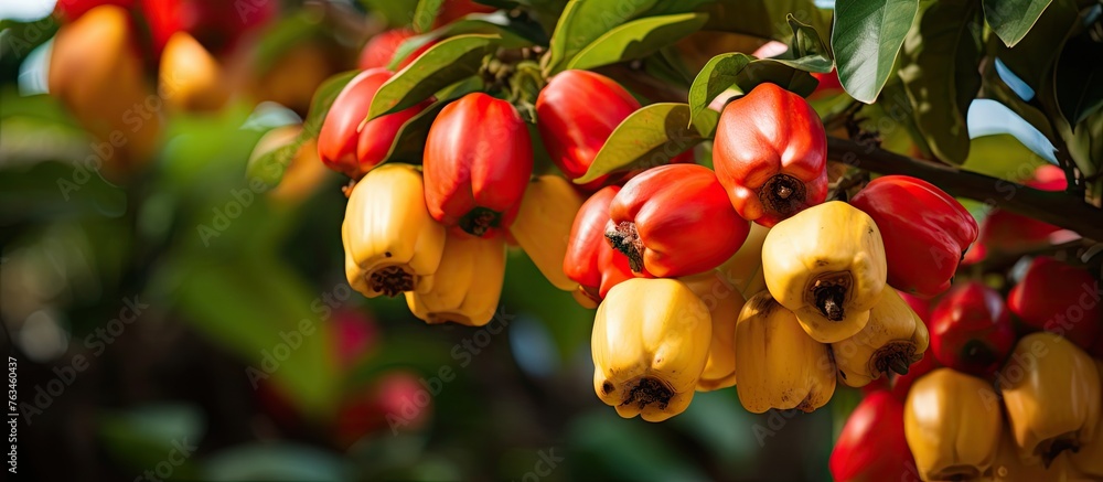 Sticker Ripe bananas hanging from tree with green leaves