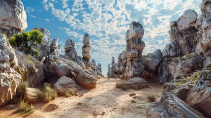Madagascar is like being transported into a fantasy world. This stone forest is full of strangely shaped limestone. like a forest of natural sculptures  - obrazy, fototapety, plakaty