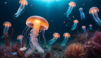Fototapeta na wymiar A Jellyfish In A Sea Of Glowing Underwater Creatur Upscaled 2