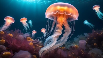 Fototapeta na wymiar A Jellyfish In A Sea Of Glowing Underwater Creatur Upscaled 4