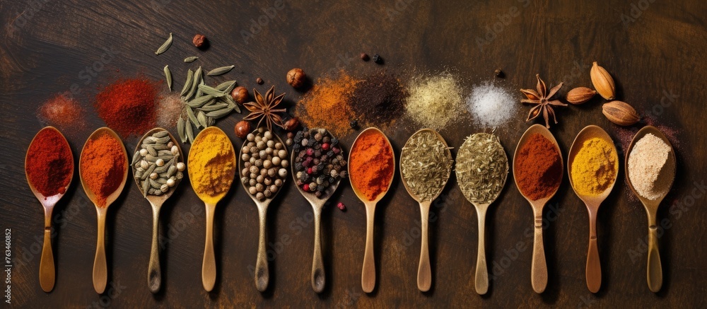 Poster a row of spoons filled with assorted spices