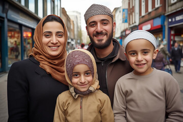 family man, woman, children talking head shoulders Arab shot bokeh out of focus background on a cosmopolitan western street vox pop website review or questionnaire candid photo - obrazy, fototapety, plakaty
