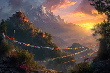 Photo sur Plexiglas Himalaya Sunrise illuminates a Himalayan temple and vibrant prayer flags, with the majestic snow-capped mountains creating a breathtaking backdrop. A tranquil monastery high in the mountains. Resplendent.