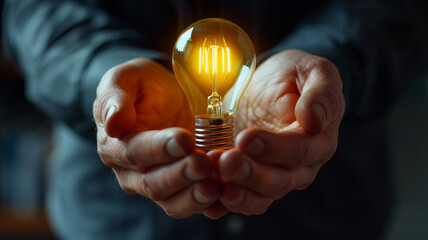 Hands of a businessman cradling a luminous light bulb, depicting the brilliance of entrepreneurial ideas and the potential for transformative change - obrazy, fototapety, plakaty