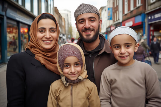 family man, woman, children talking head shoulders Arab shot bokeh out of focus background on a cosmopolitan western street vox pop website review or questionnaire candid photo